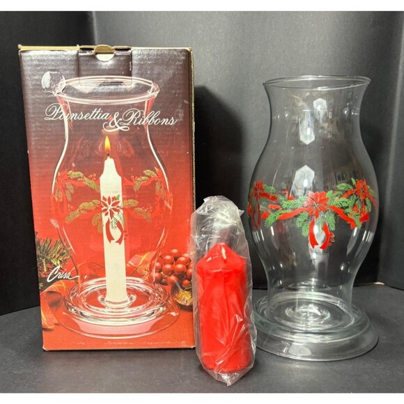 Vintage 1990 Poinsettia & Ribbons Holiday Glass Hurricane Shade Set Christmas - Picture 1 of 7